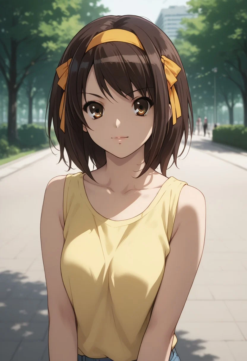 score_9, score_8_up, score_7_up, source_anime, standing in a park, look at viewer, realistic soft light, zmzq, Haruhi Suzumiya
