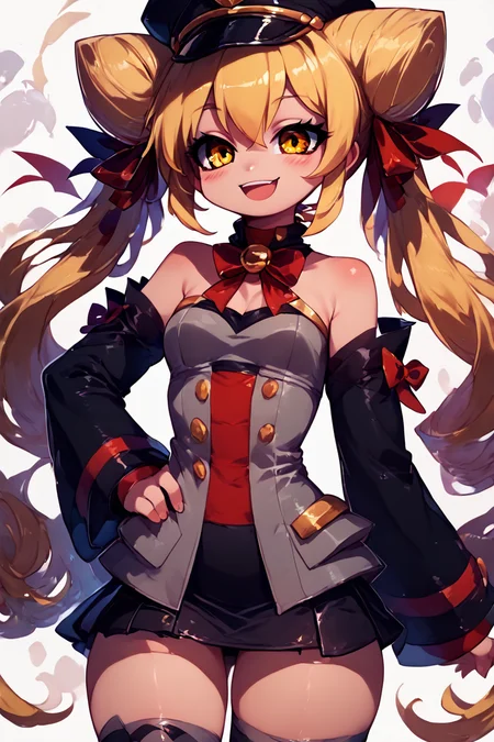 score_9, score_8_up, score_8, medium breasts, (curvy), cute, eyelashes, BREAK, , zzGiratanya, yellow eyes, long hair, blonde hair, twintails, cone hair bun, double bun, hair bun, black military hat, grey military uniform, black skirt, thighhighs, long sleeves, ribbon, bare shoulders, hair ribbon, detached sleeves, <lora:Giratanya_CitronOC_PDXL_v2:0.8>,, BREAK, smile, looking at viewer, cowboy shot, ,,, embedding:zPDXL, Expressiveh, ,,, <lora:Zankuro_Style_PDXL:0.8> <lora:SDXLFaeTastic2400:0.5>, <lora:Expressive_H-000001:0.4>,