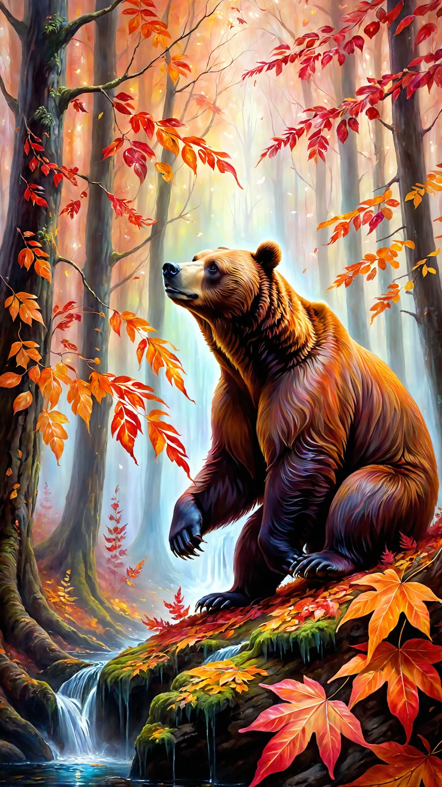 Oil painting, enchanted bear in a mystical autumn forest, stand on two feet, scratching ass, intricate details, vibrant colors, ethereal lighting, glowing red and orange leaves, soft natural lighting, ethereal glow, detailed background, mystical atmosphere, realistic shadows, fine details in fur and foliage, ultra-quality, magical elements, enchanted pose, autumn setting, falling leaves, whimsical composition, mystical ambiance, delicate brushstrokes