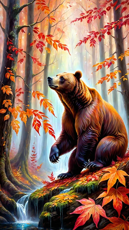 Oil painting, enchanted bear in a mystical autumn forest, stand on two feet, scratching ass, intricate details, vibrant colors, ethereal lighting, glowing red and orange leaves, soft natural lighting, ethereal glow, detailed background, mystical atmosphere, realistic shadows, fine details in fur and foliage, ultra-quality, magical elements, enchanted pose, autumn setting, falling leaves, whimsical composition, mystical ambiance, delicate brushstrokes