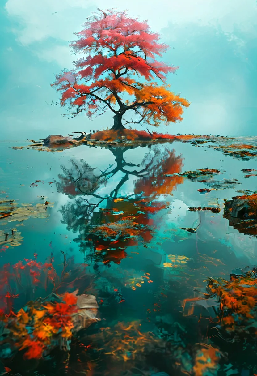 a tree in the middle of a lake, fantasy art, beautiful colors, moonscape, multilayered vibrant paint, very beautiful and elegant, 3D, virtual landscape painting, beautiful painting of a tall, with beautiful colors, stormy landscape, made of tree and fantasy valley, beautiful lit, mesmerizing