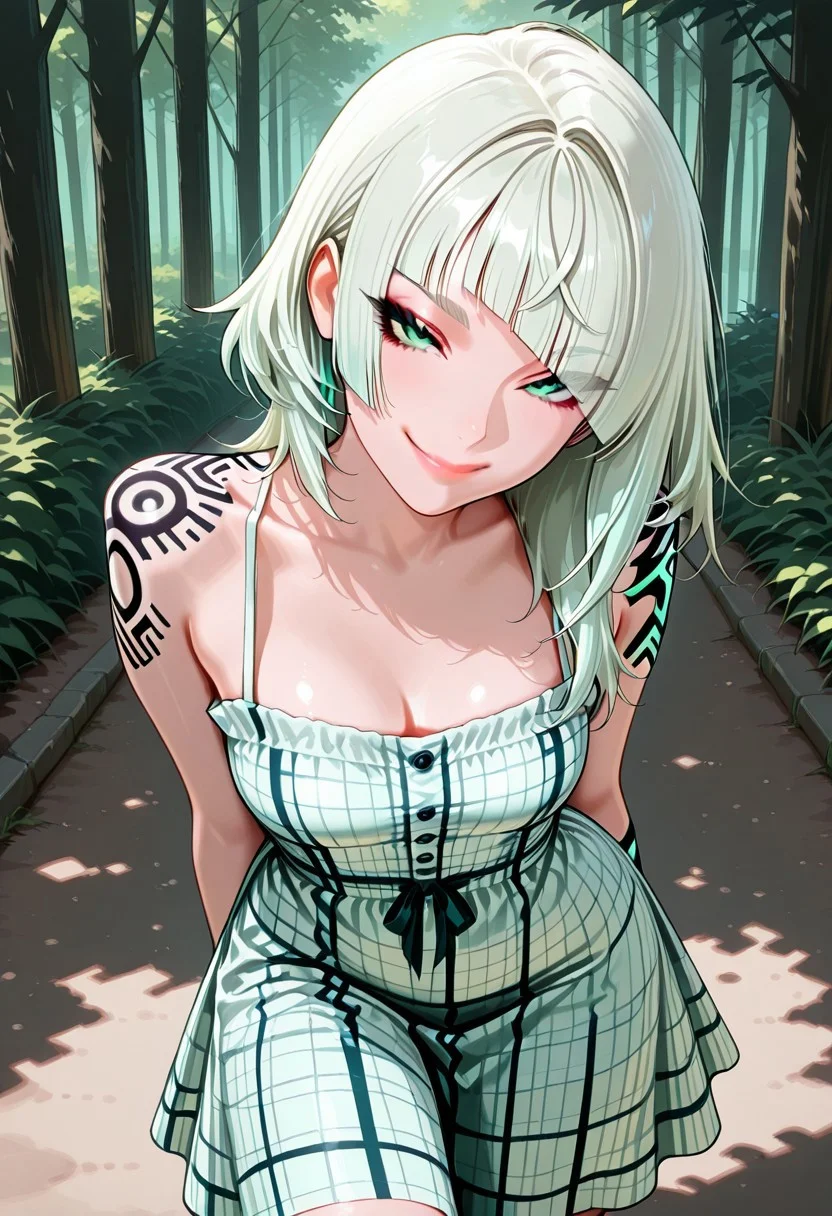 masterpiece, best quality, 32k, high resolution, absurdres, Giada, GiadaRH, light green hair, asymmetrical cut, medium length hair, diagonal_bangs, jade_eyes, medium breasts, small tattoo on shoulder, tribal tattoo, outdoors, seductive look, detailed skin, detailed lips, detailed eyes, light makeup, lipgloss, looking at the viewer, focus on face, face closeup, fit, plaid sundress, short sundress, flowing skirt, cute smile