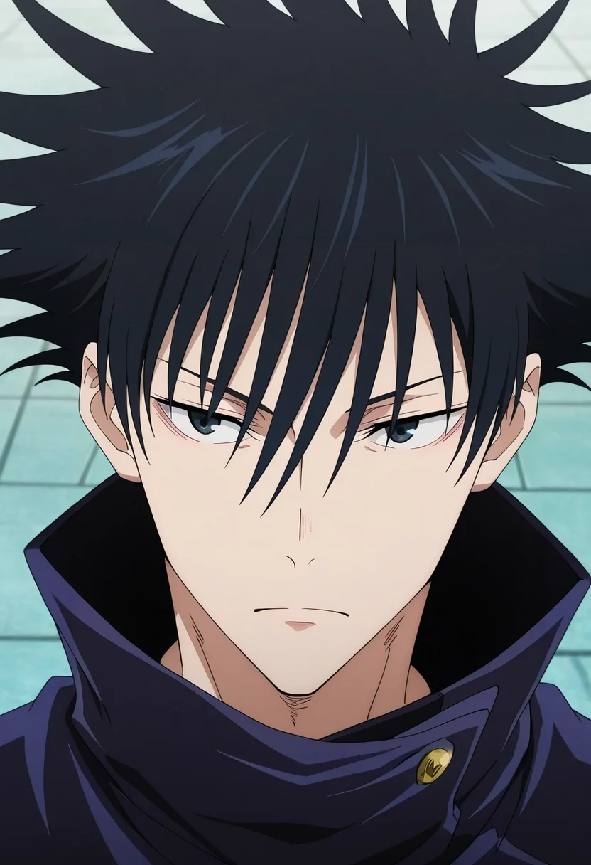 masterpiece, best quality, , anime screencap, anime coloring, official style, , 1boy, solo, male focus, <lora:megumi_fushiguro_ilxl:0.92>, megumi_fushiguro, black hair, black eyes, spiked hair, short hair, bangs, hair between eyes, jacket, high collar, ,