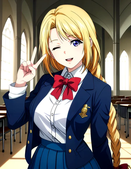 embedding:zPDXL2, score_9, score_8_up, score_7_up, BREAK source_anime,best quality, masterpiece,(anime screencap:0.5), hi res, best quality, very aesthetic, absurdres, 8k, rating_explicit, Gntk,rkmls,Fkmk,fkmk,Gtlsk,sjk,frngc,
long_eyelashes,
1girl, virgin,
narrow waist,wide_hips, hip_dips,skinny_female,
curvy,glamorous,slender,voluptuous,
large_breasts,
seductive_smile, open_mouth,
wink,one_eye_closed,, Alisa_Ichimiya,
jacket, school uniform, white shirt, single_braid, collared shirt, bowtie, miniskirt, red bow, blue skirt, blue jacket, blazer,
v,, fantasy,indoors