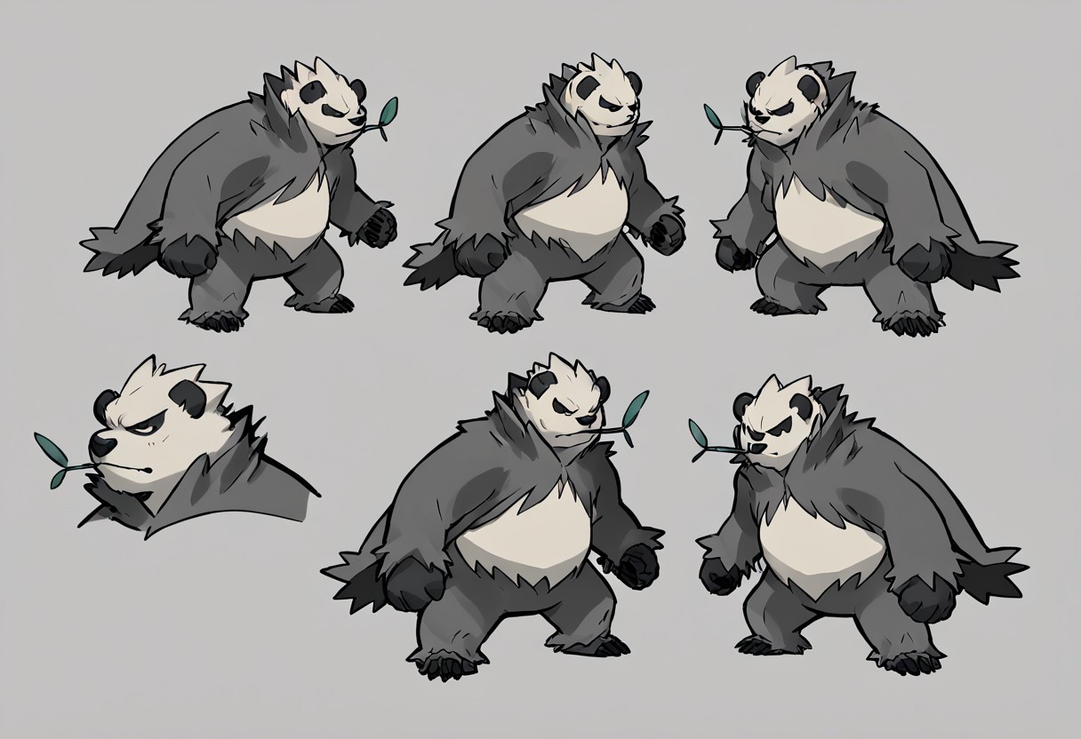 score_9, score_8_up, score_7_up, score_6_up, Pokemon (creature), Pangoro, black and white fur, fur cape, plant in mouth, beefy, sketch, charcoal sketch, character sheet, charcoal sketch, drawing, expressions, white paper