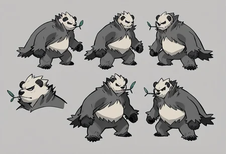 score_9, score_8_up, score_7_up, score_6_up, Pokemon (creature), Pangoro, black and white fur, fur cape, plant in mouth, beefy, sketch, charcoal sketch, character sheet, charcoal sketch, drawing, expressions, white paper