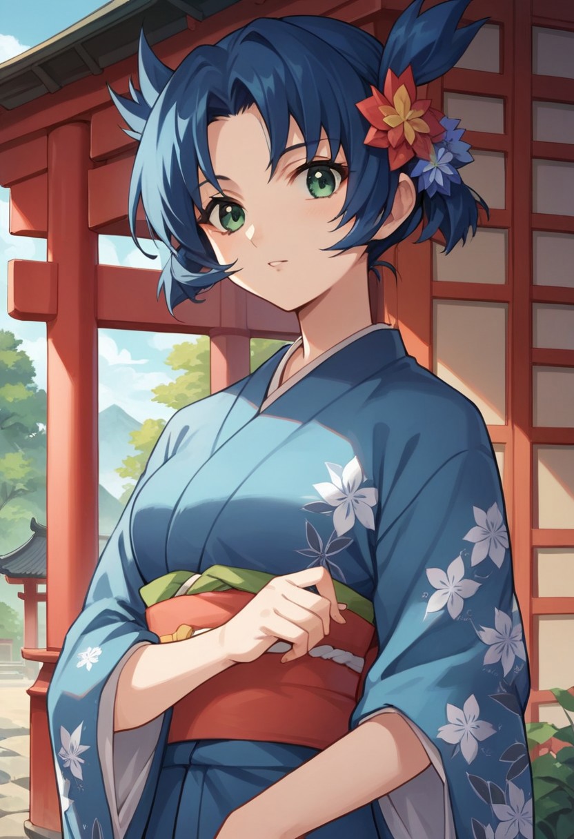 score_9, score_8_up, score_7_up, source_anime,renka ma, blue hair, short hair, twintails, green eyes, japanese clothes, solo, 1girl, shrine, blue kimono, kimono, floral print, outdoors, hair ornament, looking at viewer, hair flower