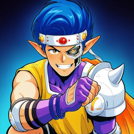 masterpiece, best quality, amazing quality, very aesthetic, absurdres, newest, curtisffl3 with a cyborg face under his skin, 1boy, male focus, blue hair, jeweled headband, orange cape, single pauldron, loose yellow shirt, elbow pads, gray fingerless gloves, purple bracelets, sleeveless purple bodysuit, pointy ears, looking at viewer, grin,  half_cyborg_face