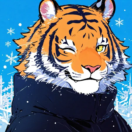 masterpiece, best quality, newest, absurdres, highres, falling snowflake, momowaaai, 1boy, anthro tiger, smile, wink, close up, side view, looking at viewer