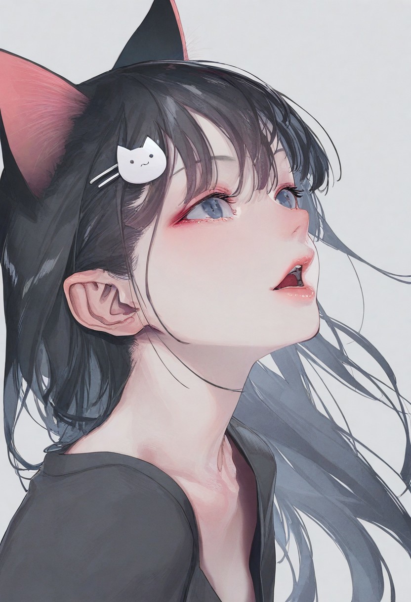 realistic, Sortilege_ST, masterpiece, best quality, very aesthetic, high resolution, ultra-detailed, absurdres, newest, 1girl, masterpiece, upper body, perfect eyes, cat girl, hair ornament, cat pin (hair ornament),