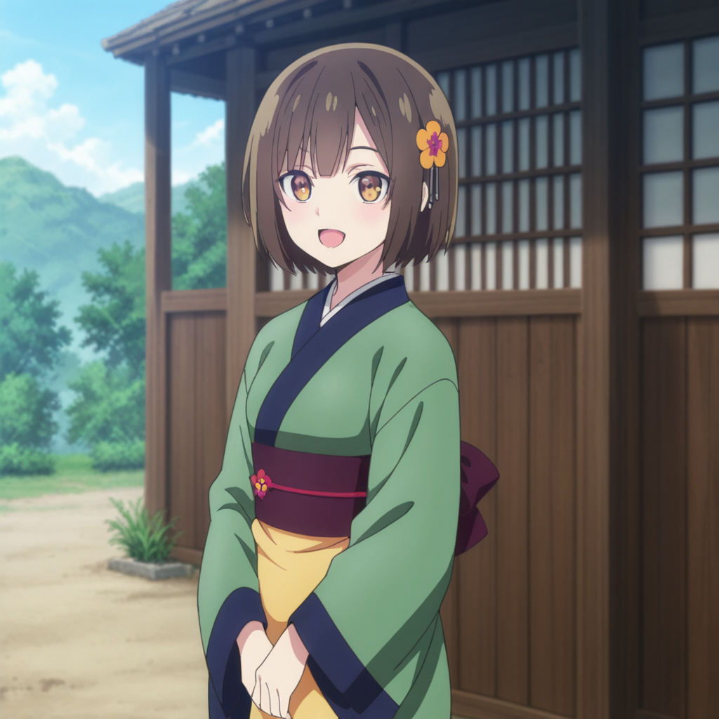 nsfw, masterpiece, best quality, 1girl, solo, seirei_gensouki_ruri, japanese clothes, kimono, green kimono, standing, flower, brown hair, small breasts, open mouth, smile, outdoors, short hair, long sleeves, looking at viewer, brown eyes, hair ornament, bangs, sash, obi, hair flower, :d, day,  <lora:Ruri_-_Seirei_Gensouki:0.7>
