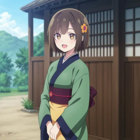 nsfw, masterpiece, best quality, 1girl, solo, seirei_gensouki_ruri, japanese clothes, kimono, green kimono, standing, flower, brown hair, small breasts, open mouth, smile, outdoors, short hair, long sleeves, looking at viewer, brown eyes, hair ornament, bangs, sash, obi, hair flower, :d, day, <lora:Ruri_-_Seirei_Gensouki:0.7>