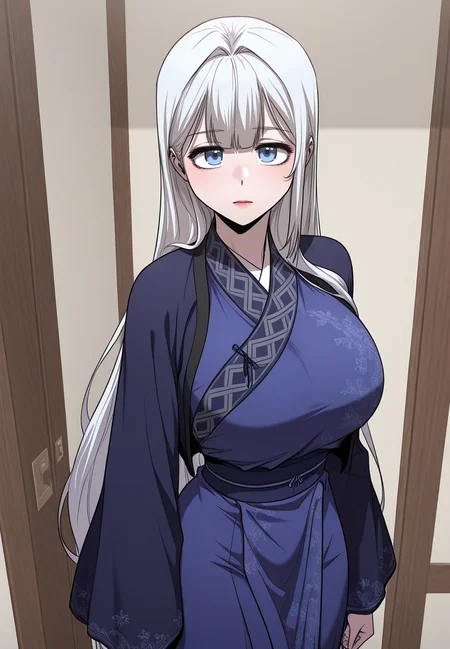 zPDXL3, score_9_up, score_8_up, score_7_up, (Anime_source),Masterpiece,(perfect female body:1.2), small waist, (incredibly detailed:1.4), beautiful fingers, (large breasts:1.2) looking at viewer, big breasts, looking at viewer, <lora:Namgoong_Bi-Ah_-_Childhood_Friend_of_the_Zenith-Kaleid_Illustrious:1> namgoongbi-ah, 1girl, white hair, long hair, blue eyes, chinese clothes, standing,