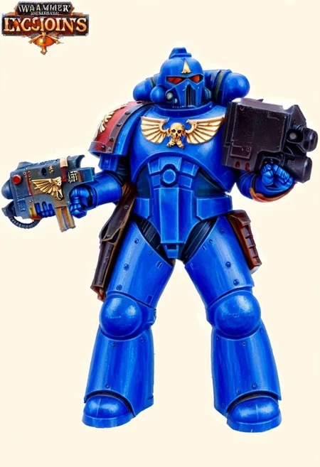 Score_9_up, absurdres, source: GamesWorkshop, grimdark, gothic horror, an adeptus astartes Ultramarines space marine in armor and helmet wielding a melta