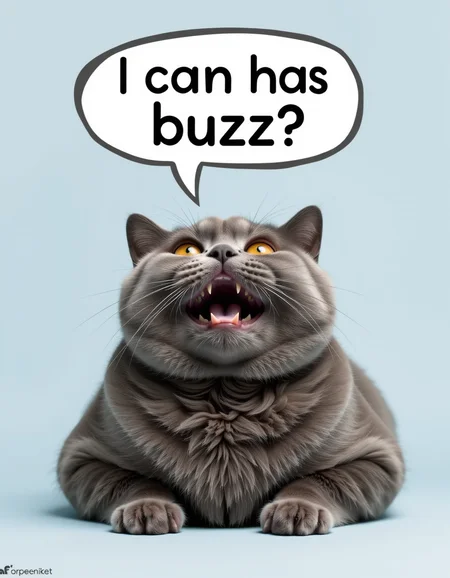 realistic photo of american grey short hair cat saying "I can has buzz?", big fat grey cat, mouth open, really fat, stylized extremely feline font