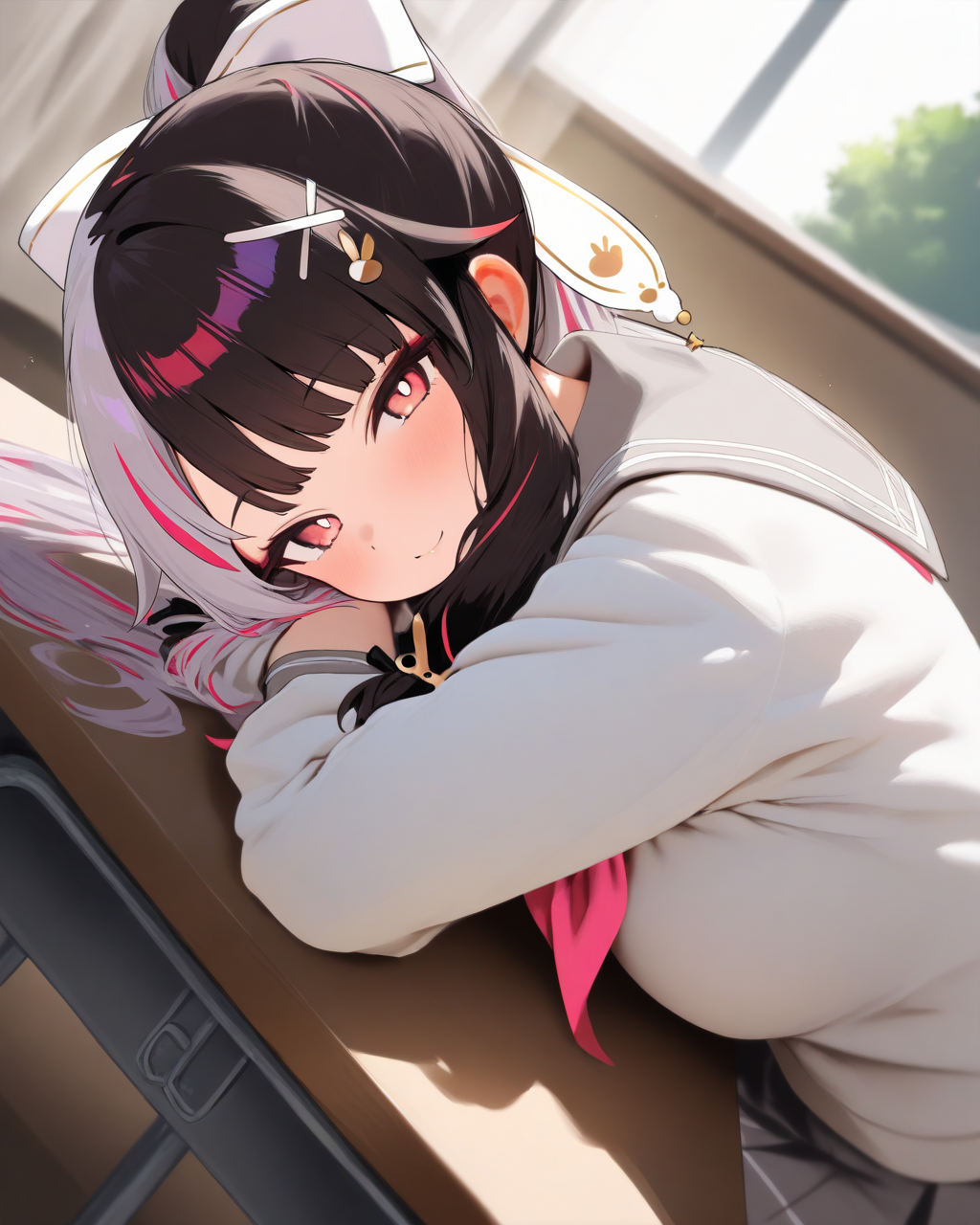 1girl,
YorumiRenaNijisanji,
YorumiRenaNijisanji9thCostume,
sensitive, solo, perspective, dutch angle, from side,
ponytail, two-tone hair,
wing hair ornament,
x hair ornament,
beautiful eyes,
looking at viewer,
white jacket, sailor collar, serafuku, grey skirt,
school, table, arm rest,
depth of field,
<lora:kp_YorumiRenaNijisanjiAnimagineXL_v1_1:1.0>
masterpiece, high score, great score, absurdres