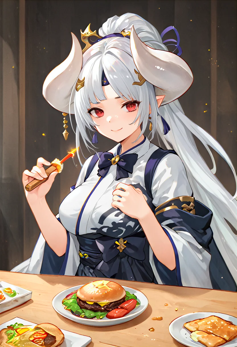 score_9, score_8_up, score_7_up, score_6_up, score_5_up, score_4_up, source_anime, rating_explicit, detailed, zPDX, detailed body, detailed face, azusagbf, white hair, horns, red eyes, japanese clothes, indoors, kitchen, harsh lighting, rim lighting, burger, multiple persona, shiitake, fire, fake horns, jewelry, smile, traditional bowtie, food, twintails, long hair, sushi, :3, kimono, headband, earrings, bowtie, mushroom, grey hair, hair ornament, bow, ketchup bottle
<lora:add_details_xl:1.2> <lora:xl_more_art-full_v1:1.2> <lora:Expressive_H:1> <lora:Azusa - Granblue Fantasy_epoch_9:0.7>