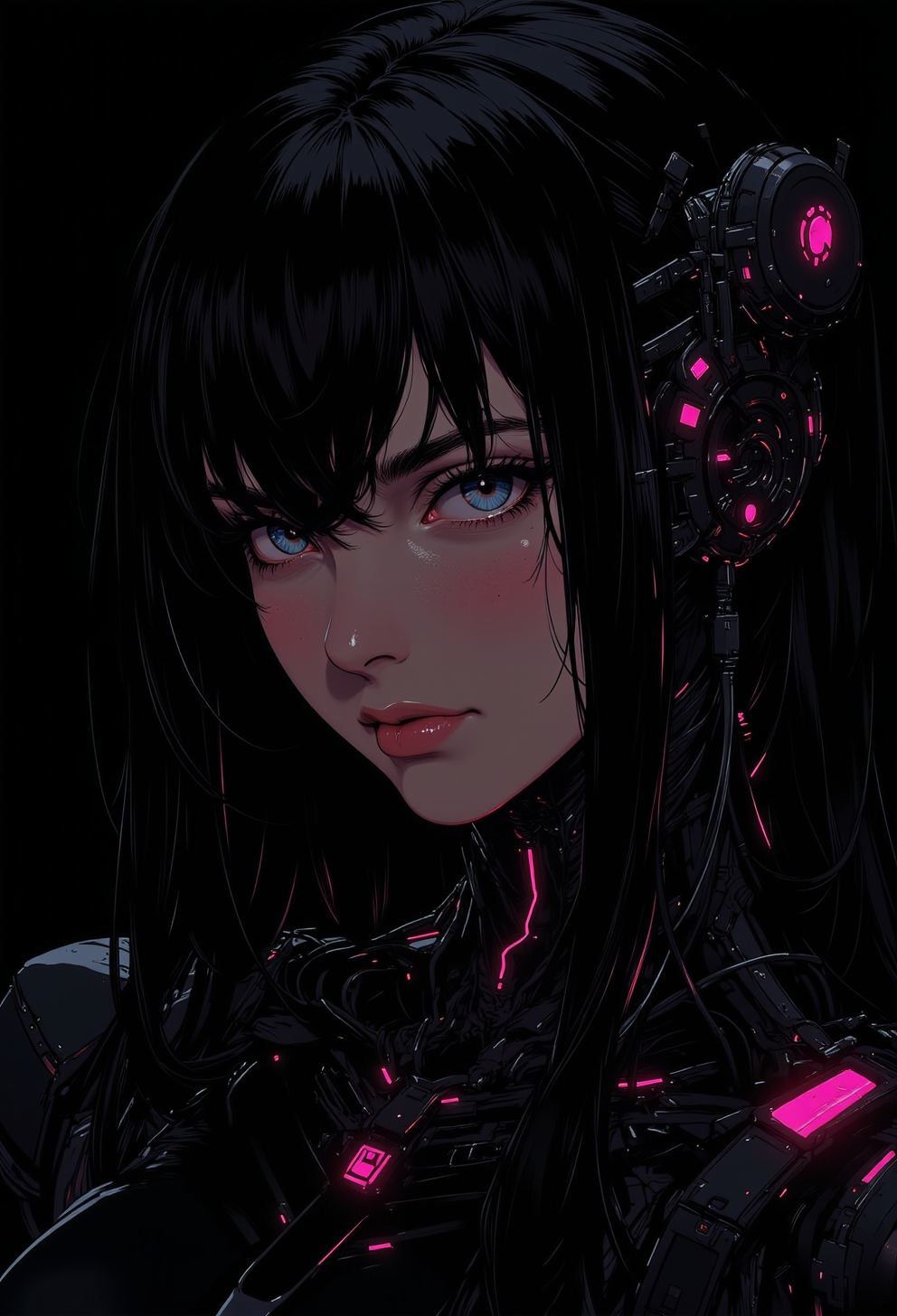<lora:ck-nc-luminal-genesis:1>, A digital anime artwork in the style of cklg, A stunning close-up portrait of a beautiful woman with long, wavy hair cascading around her face. Subtle mechanical features are integrated into her face and neck, blending seamlessly with her natural beauty. The artwork is rendered in a chiaroscuro style, with extreme contrast between light and shadow, creating a dramatic, moody effect. The background is completely black, with neon pink light illuminating select areas of her face, hair, and mechanical elements, adding a futuristic glow. The contrast of neon pink and black enhances the surreal atmosphere, blending organic beauty with mechanical details for a striking cybernetic aesthetic.
<lora:ck-Sci-Fi-Concepts:0.3>
<lora:flux.1_lora_flyway_Epic-detail_v2:0.6>
<lora:test2:0.7>
<lora:Anime v1.3:0.2>