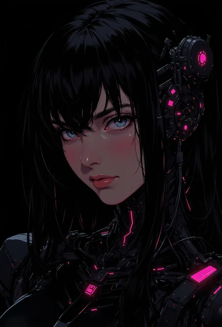 <lora:ck-nc-luminal-genesis:1>, A digital anime artwork in the style of cklg, A stunning close-up portrait of a beautiful woman with long, wavy hair cascading around her face. Subtle mechanical features are integrated into her face and neck, blending seamlessly with her natural beauty. The artwork is rendered in a chiaroscuro style, with extreme contrast between light and shadow, creating a dramatic, moody effect. The background is completely black, with neon pink light illuminating select areas of her face, hair, and mechanical elements, adding a futuristic glow. The contrast of neon pink and black enhances the surreal atmosphere, blending organic beauty with mechanical details for a striking cybernetic aesthetic.
<lora:ck-Sci-Fi-Concepts:0.3>
<lora:flux.1_lora_flyway_Epic-detail_v2:0.6>
<lora:test2:0.7>
<lora:Anime v1.3:0.2>