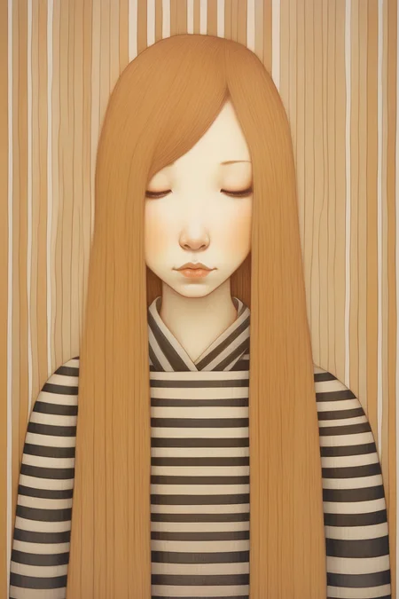 <lora:Audrey Kawasaki Style:1>Audrey Kawasaki Style - a woman in striped pyjamas with long honey hair, in the style of Helsinki school, princesscore, subtle tonal variation, subtle tonal range, blunt ends, salon kei, in the style of Loish and Audrey Kawasaki