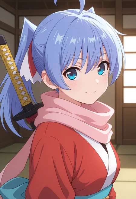 masterpiece, best quality, amazing quality, 1girl, solo, (portrait:1.2), yuukoww, blue eyes, blue hair, long hair, twintails, multicolored hair ribbon, ahoge, ninja, pink scarf, red kimono, aqua sash, back bow, katana, sheath, sheathed, weapon on back, looking at viewer, smile, indoors, day, skindentation, detailed clothing folds, depth of field, sharp, high contrast, dynamic light <lora:Hattori_Yuuko_Ichiban_Ushiro_no_Daimaou_ill_v11:0.9>