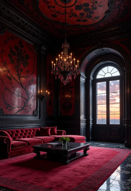 Crimson & Onyx Ballroom at Twilight
A moody, gothic ballroom with dark onyx walls, intricately carved with baroque floral patterns in deep crimson hues. A dramatic black chandelier with blood-red crystal pendants hangs from an elaborately painted ceiling, reflecting the warm twilight glow. The seating area features an oversized burgundy velvet sectional, centered around a black marble coffee table with clawed feet. A massive arched window reveals a sky streaked with deep purples and oranges, adding to the dramatic, gothic romanticism of the space.
