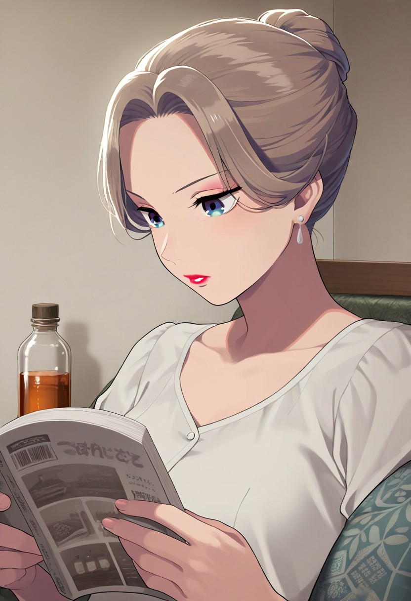 masterpiece,best quality,amazing quality, kudou fuyu, short hair, brown hair, blue eyes, 1girl, solo, reading, bottle, indoors, earrings, hair bun, single hair bun, lipstick, jewelry, makeup
