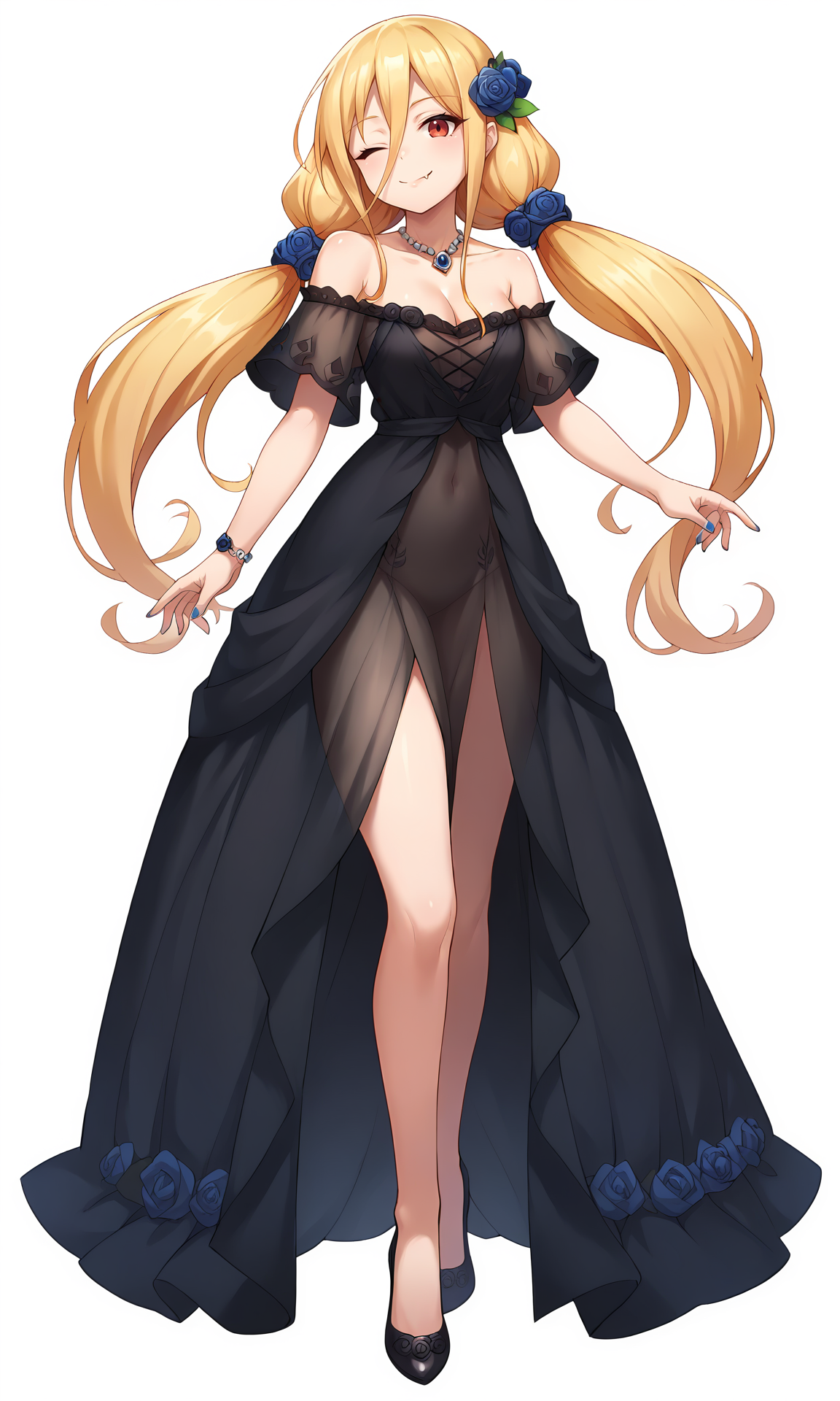 score_9, score_8_up, score_7_up, score_6_up, score_5_up, score_4_up, Evileye, solo, full body, flower, smile, hair flower, white background, hair ornament, black footwear, one eye closed, high heels, simple background, jewelry, blue flower, twintails, standing, floating hair, collarbone, pumps, shiny hair, rose, nail polish, looking at viewer, closed mouth, necklace, ;), blue rose, cleavage, short sleeves, bracelet, fang, low twintails, blue nails, off-shoulder dress, see-through, bare legs, off shoulder, red nails, fang out, makeup, long dress, layered dress, <lora:Evileye_V1(SDXL):0.9> <lora:hand 4:1>, Hand, detailed, perfect, perfection, hands,