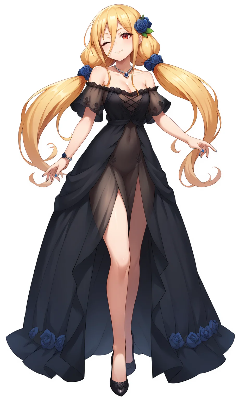 score_9, score_8_up, score_7_up, score_6_up, score_5_up, score_4_up, Evileye, solo, full body, flower, smile, hair flower, white background, hair ornament, black footwear, one eye closed, high heels, simple background, jewelry, blue flower, twintails, standing, floating hair, collarbone, pumps, shiny hair, rose, nail polish, looking at viewer, closed mouth, necklace, ;), blue rose, cleavage, short sleeves, bracelet, fang, low twintails, blue nails, off-shoulder dress, see-through, bare legs, off shoulder, red nails, fang out, makeup, long dress, layered dress, <lora:Evileye_V1(SDXL):0.9> <lora:hand 4:1>, Hand, detailed, perfect, perfection, hands,