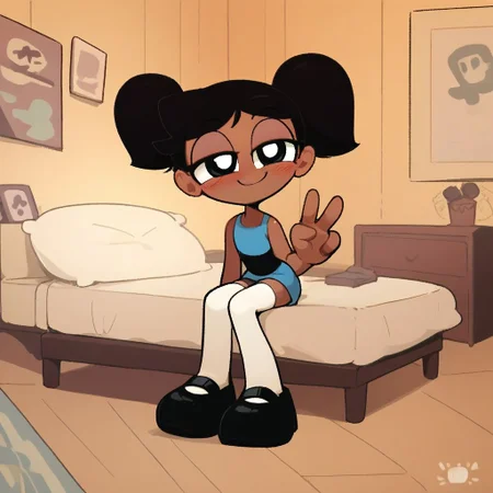 score_9, score_8_up, score_7_up, score_6_up, score_5_up, score_4_up, BREAK, source_anime, connie_maheswaran, indoors, short twintails, black hair, small breasts, black footwear, white thighhighs, smile, smug, blush, blue top, sleeveless, blue miniskirt, peace sign, pantsless, powerpuff, dark-skinned female, 1girl, sitting, indoors, living room, on bed,