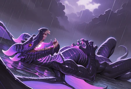 <lora:The_Ruined_Dragon_Mario_Odessey:1> Masterpiece, amazing quality, best quality, 1boy, solo, wings, anthro, tail, orange eyes, glowing eyes, wings, dark purple scales, horns, claws, monster, sharp teeth, cloudy skies, purple glow, lying on back, rain, from above angle