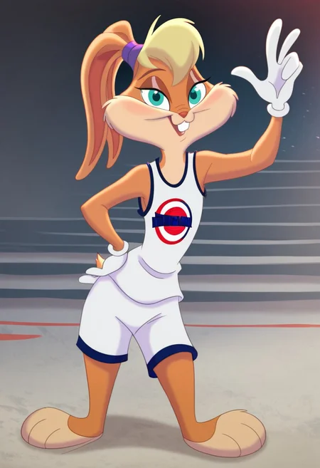 score_7_up, score_8_up, score_9, masterpiece,  high quality,
LolaBunnySJ2, furry, cartoon, anthro rabbit, looney tunes style, female, ((solo)), ((1girl)), 
blond hair, beige body, green eyes, purple hairband,
white basketball jersey, white shorts,
smiling, looking at viewer, dribbling basketball
full body, full body view,