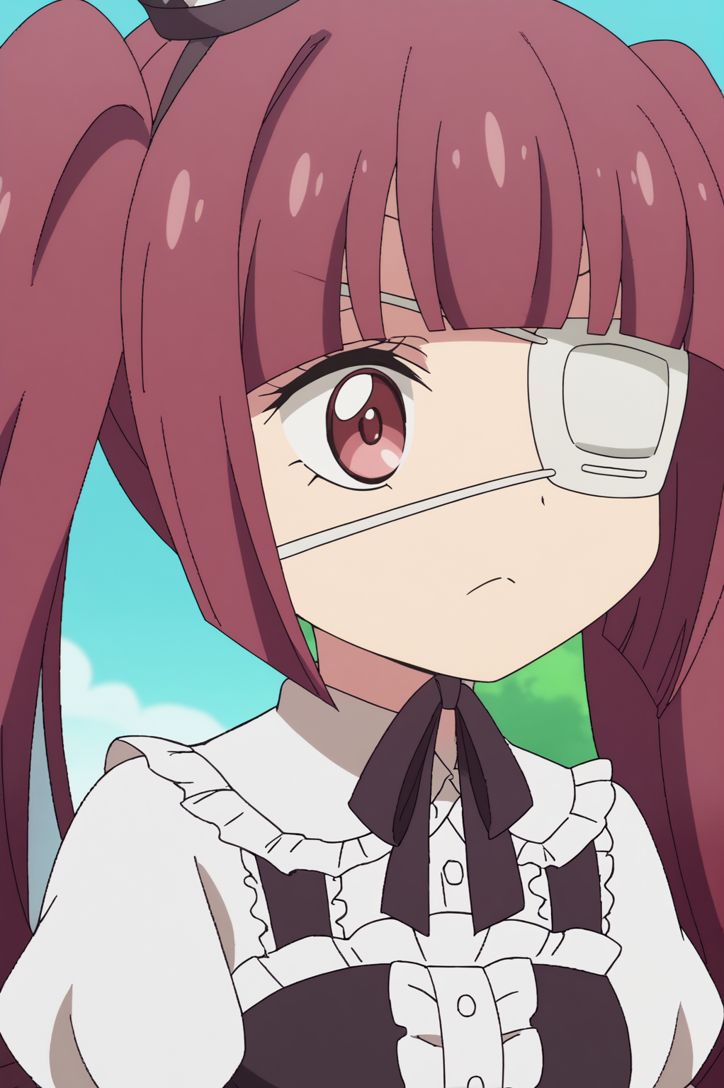 anime screencap, rating safe, Yurine Hanazono, upper body, eyepatch <lora:Jashin-chan_Dropkick-Yurine_Hanazono-PDXL:0.8>