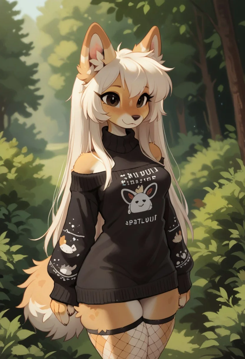 score_9, score_8_up, score_7_up, source_furry, 1girl, by waspsalad, nsfw, anthro, highly detailed, natural light, cute, furry, fluffy, female anthro, breasts, fishnet thigh highs, very oversized sweater,