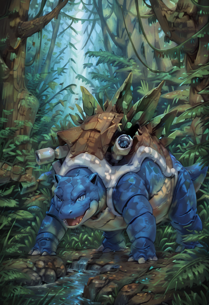 masterpiece, best quality, solo, no humans,   flat color,  zzStego, close up, outdoors, water, tree, leaf, grass, plant, nature, forest,   ,<lora:StegosaurusDinosaur_IXL:0.8>,   <lora:BlastoisePokedexIXL:1.0>, zzBlastoise, Blastoise,