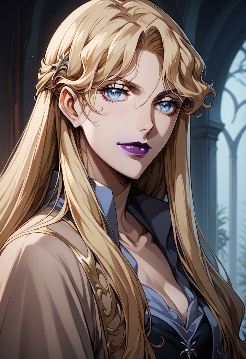 source_anime, (C4STL3V4NI4), ((score_9)),score_8_up,score_7_up,score_6_up,score_5_up,score_4_up,<lora:Castlevania_Style_Pony-v1:0.7>, Castlevania_Style, Castlevania Style, 1woman, brita_(darker_than_black), long_hair, blonde_hair, blue eyes, purple_lips, vampire,