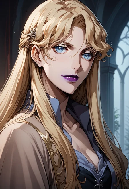 source_anime, (C4STL3V4NI4), ((score_9)),score_8_up,score_7_up,score_6_up,score_5_up,score_4_up,<lora:Castlevania_Style_Pony-v1:0.7>, Castlevania_Style, Castlevania Style, 1woman, brita_(darker_than_black), long_hair, blonde_hair, blue eyes, purple_lips, vampire,