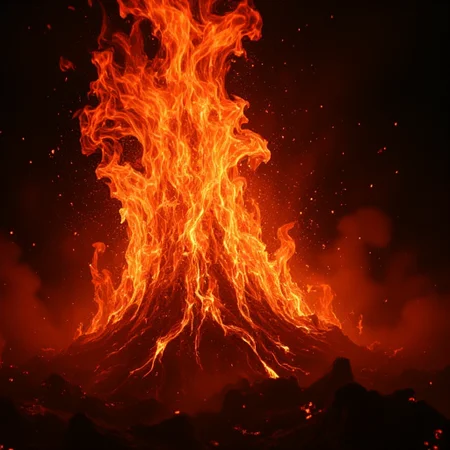 A roaring pillar of orange and red flames, with glowing embers and sparks flying outward, in a dark, smoky environment, highly detailed, cinematic lighting