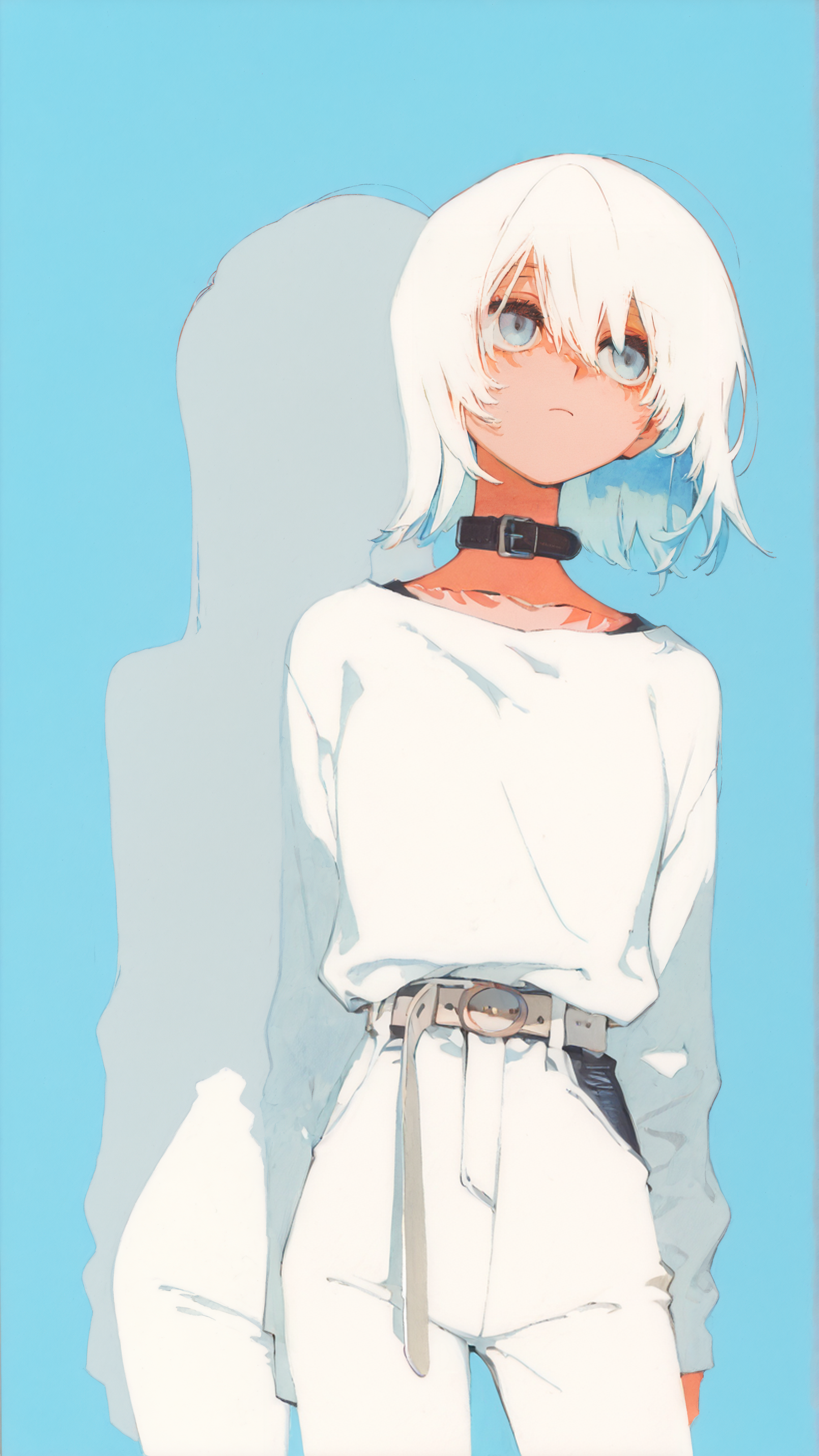 masterpiece, newest,absurdres,incredibly absurdres, best quality, amazing quality, very aesthetic, casual, light blue background,
2girls, colored inner hair, belt collar, covered groin, 
  <lora:ka_marukogedago:0.7> k4_illu, abstract, traditional media, scan, blending,  <lora:KonYa666:1> kony4666