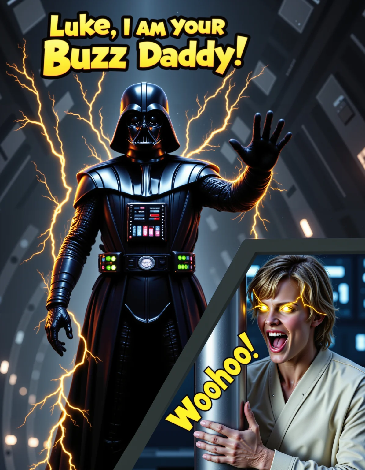 on the left side of image darth vader covered in thin layer of yellow lightning, reaching out towards camera , in vast futuristic dome dark room with many little lights on walls , above him floating yellow text "Luke, I am your Buzz Daddy!" with black outline , on the right bottom of image face close-up of luke skywalker wearing white-gray uniform , klinging to a wide metal pillar , his eyes emitting yellow lightning , in vast futuristic dome dark room with many little lights on walls , open mouth, smile , above him floating yellow text "Woohoo!" with black outline , aidmafluxpro1.1, <lora:flux\Textimprover-FLUX-V0.4.safetensors:1.0:1.0> <lora:flux\aidmaFLUXPro1.1-FLUX-v0.3.safetensors:0.7000000000000001:0.7000000000000001>