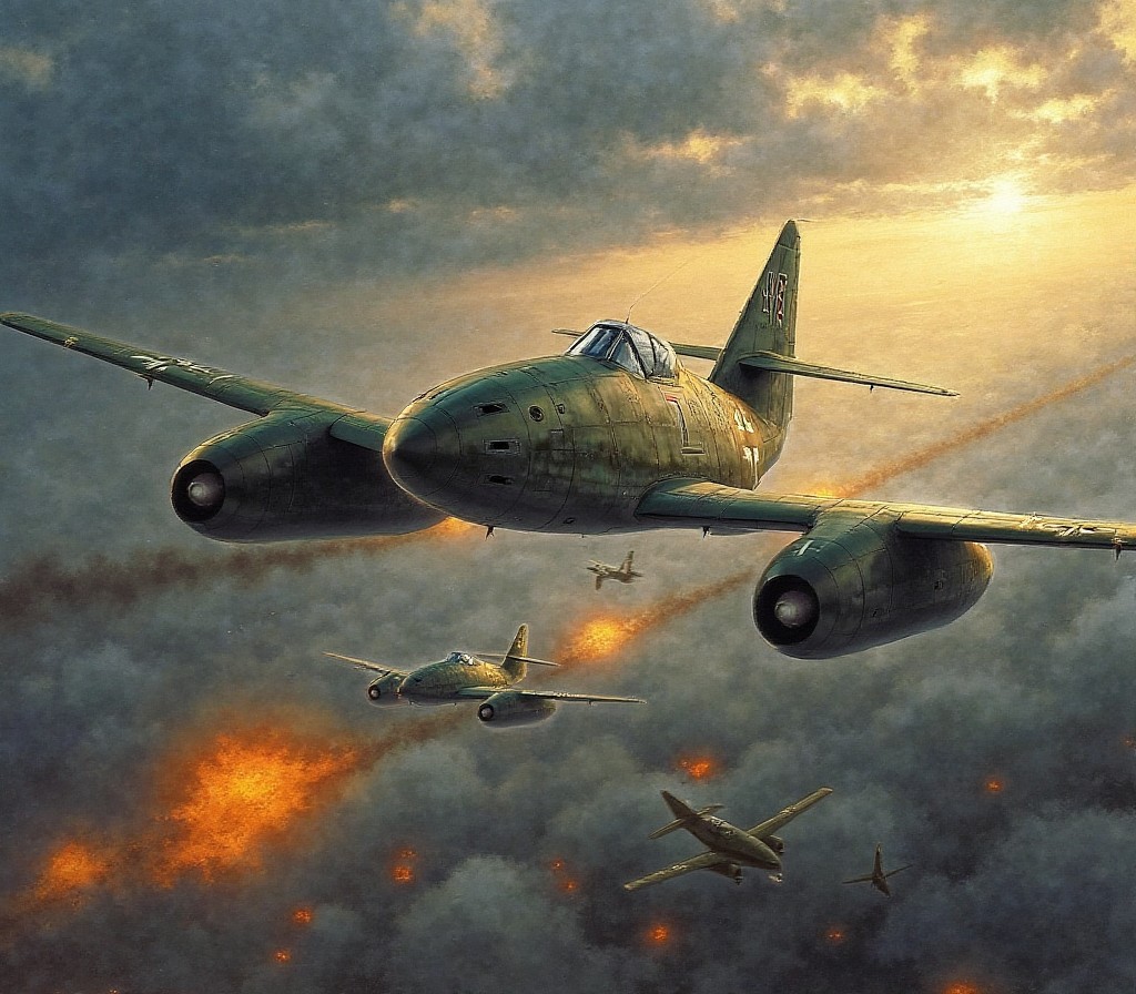 Messerschmitt Me 262 <lora:me-262-flux:2.3> A  dramatic aerial battle featuring a Messerschmitt Me 262 soaring through a stormy sky, illuminated by fiery explosions and golden sunlight breaking through the clouds, painted in the style of Ivan Aivazovsky, with expressive brushstrokes capturing the motion and intensity of the scene.
