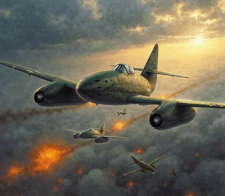 Messerschmitt Me 262 <lora:me-262-flux:2.3> A dramatic aerial battle featuring a Messerschmitt Me 262 soaring through a stormy sky, illuminated by fiery explosions and golden sunlight breaking through the clouds, painted in the style of Ivan Aivazovsky, with expressive brushstrokes capturing the motion and intensity of the scene.