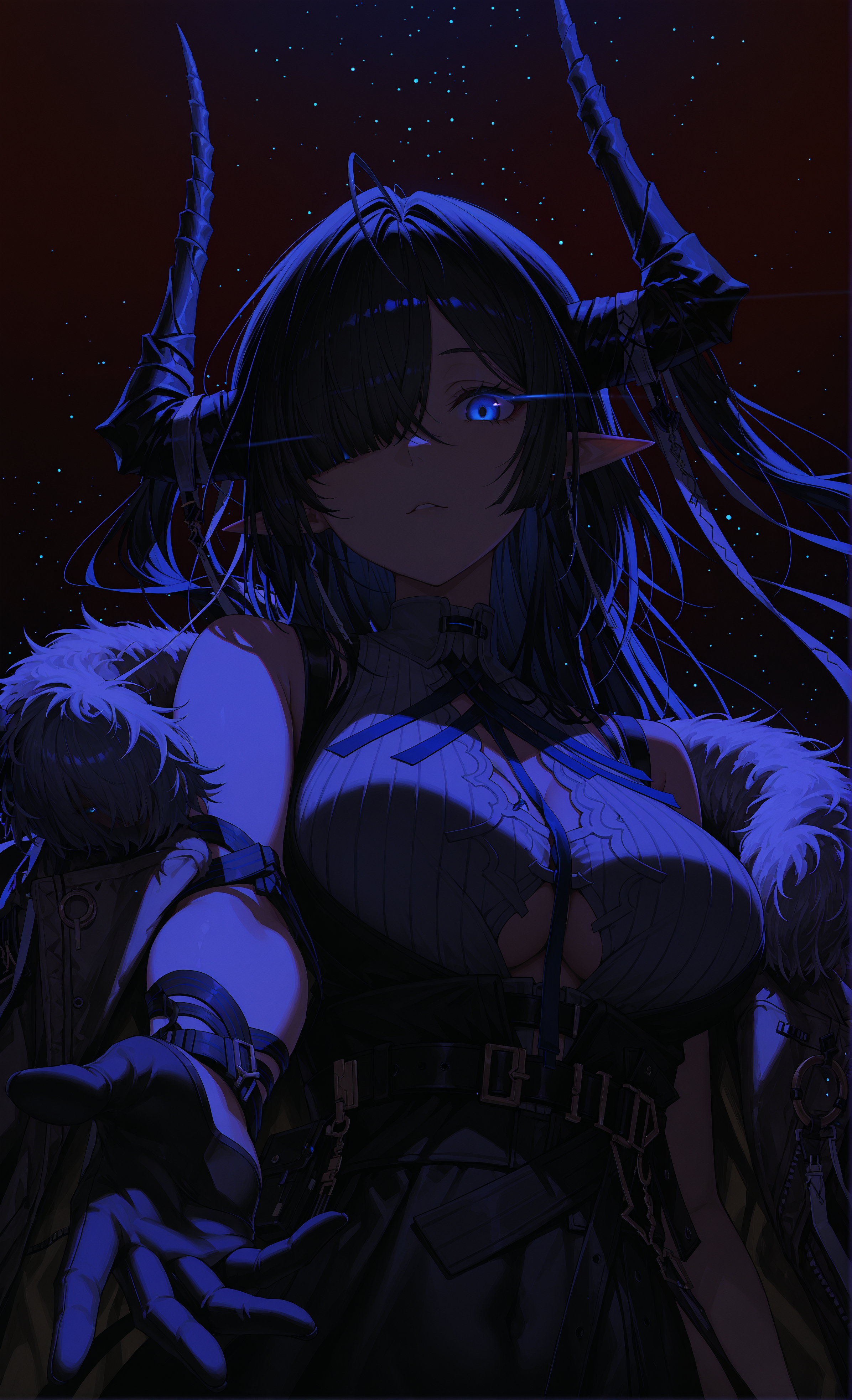 masterpiece, sharp detail, intricate detail, 1girl,  solo, <lora:qalaisa_arknights_for_IL:0.8> qalaisa_\(arknights\), blue eyes, black hair, hair over one eye, pointy ears, horns, colored inner hair, two-tone hair, black half gloves, sleeveless shirt , high-waist skirt, cleavage cutout, underboob cutout , bare shoulders, fur trim,  jacket, belt, upper body,  from below, glowing eye, looking at viewer, looking down, outstretched arm to viewer, red to grey background, gradient background, space backround,<lora:Aura_illu:0.2> 4ur4_illu, <lora:darkness_xl_v20:0.7> dark, night, chiaroscuro, volumetric lighting, dappled light, light particles, dramatic shadows, cinematic lighting, detailed background, light and shadow contrast, natural light, centered composition, detailed foliage, light and shadow interplay,
