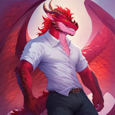 score_9, score_8_up, score_7_up, score_6_up, semi-realistic artwork, high quality, vibrant colors, best quality rendering, intricate details, high resolution, sharp focus, best render quality,Bastion Style Mix 2,solo
1boy,Bastion Dragon,Anthro,dragon, Dragon wings,bara, muscular male,pectorals,abs,dragon horns,dragon tail, scales,yelow colored sclera,yelow eyes ,slit eyes,eyes glow,claws,sharp teeth,red scale,colored body,scales,thighs,teacher outfits,pants