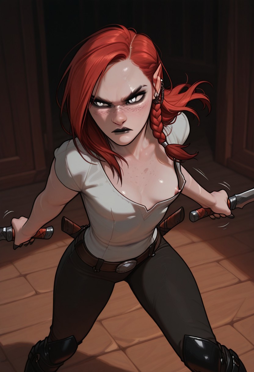 masterpiece,best quality,amazing quality,newest, absurdres, highres, detailed eyes, beautiful, perfect eyes, finely detailed face, very aesthetic, anime coloring, anime screencap, incoth, (incase:0.6),
1girl, solo
kayenn, red hair, long hair, side braid, white eyes, freckles, black lips, earrings, black nails, sharp fingernails, slim, cute face, small breasts, white scars, nipple slip
action stance, serious, dynamic pose, motion lines,
boots, pants, belt, thorned shirt, cleavage, dual wielding,
burning inn,