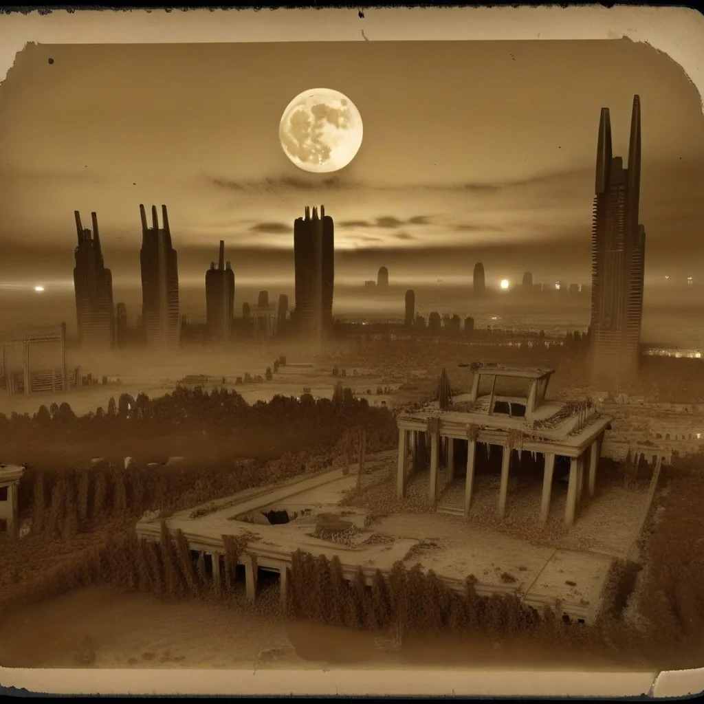 ruins, skyscraper, fog, night, moon, sepia