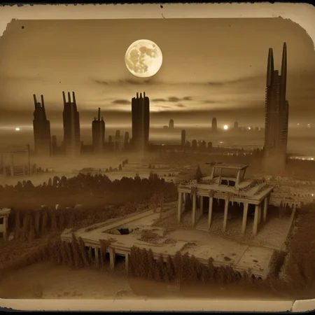 ruins, skyscraper, fog, night, moon, sepia
