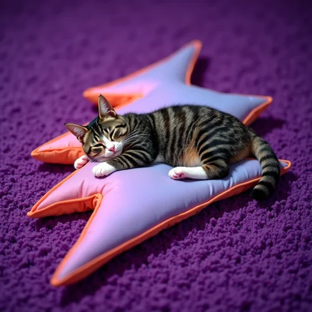 an exotic shorthair cat is laying on purple carpet sleeping on a pillow shaped like a lightning bolt