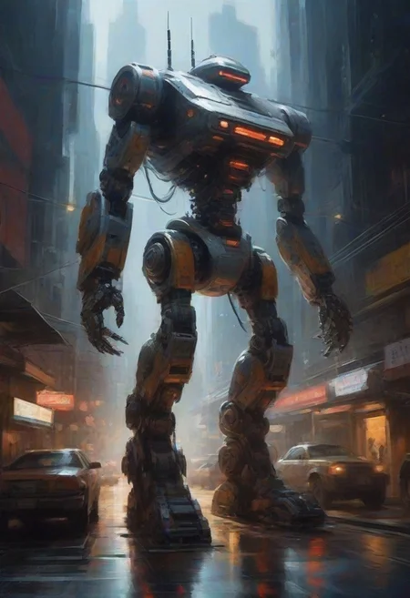 tb, Painting, robot city, flying cars, geometric buildings, industrial, traditional media, thick brush strokes, meticulous detail, dramatic lighting, OverallDetailXL