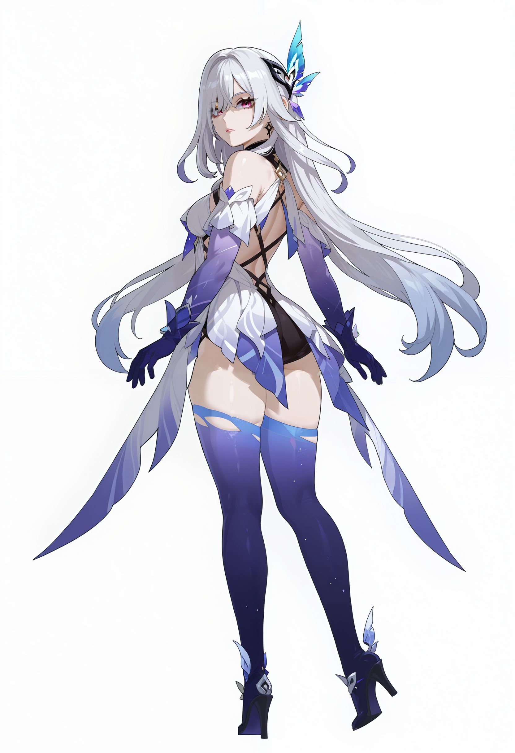 anime, anime coloring, 
gnshnskrk, genshin impact, skirk genshin impact, hair ornament, purple eyes, white hair, medium breasts, butterfly hair ornament, thighhighs, bare shoulders, dress, elbow gloves, white dress, gradient hair, blue thighhighs, black dress, short dress, hair between eyes, hair intakes, very long hair, 
white background, looking at viewer, from behind, looking back, 
<lora:genshin_skirk_illustrious:0.8>